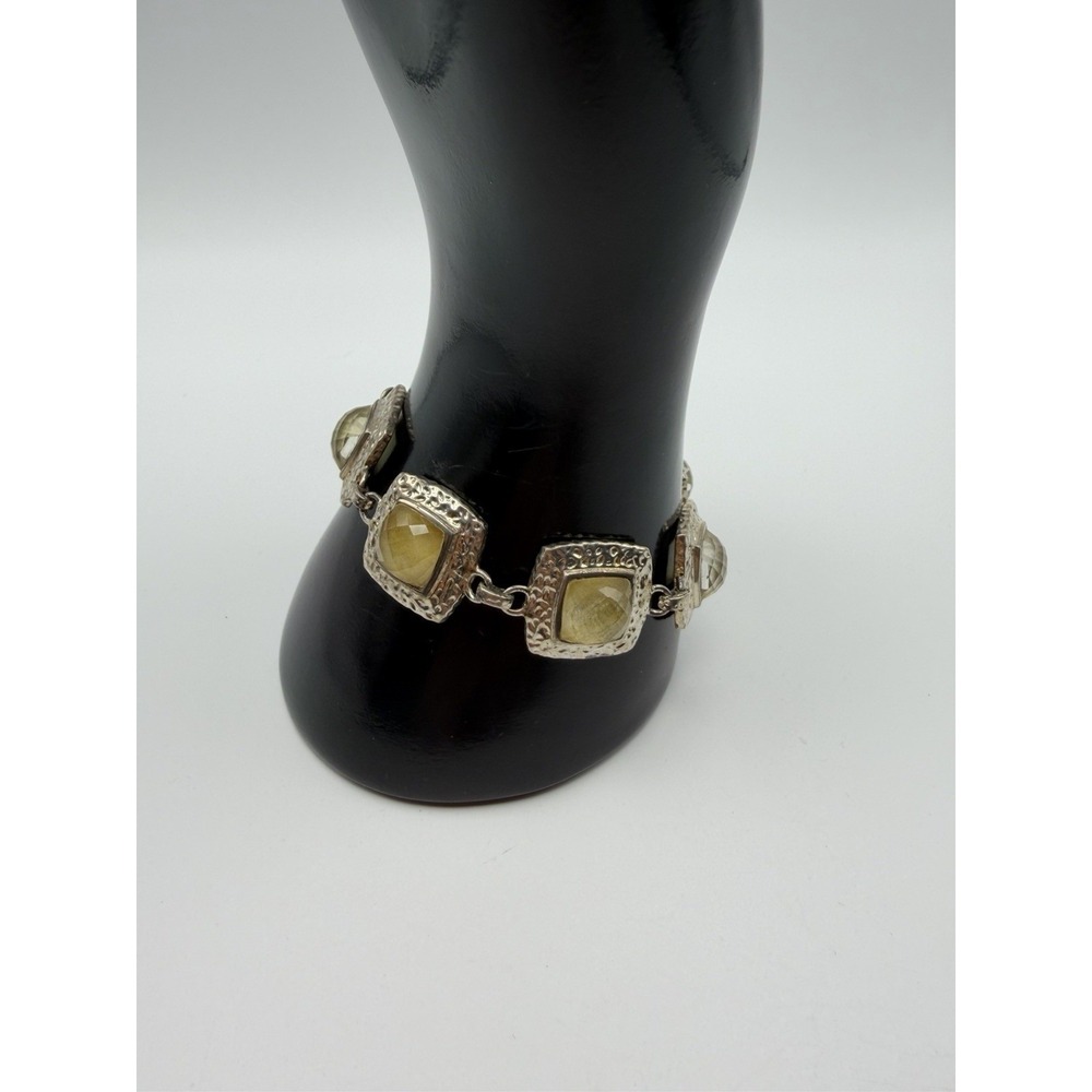Sterling Silver 925 Hammered Square Link Bracelet Yellow Lemon Quartz 7.5in